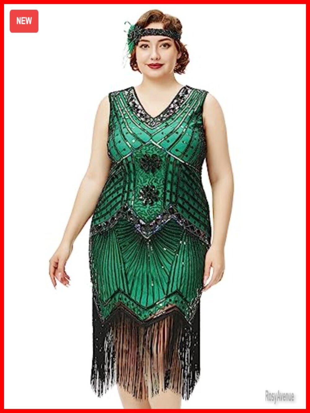 Plus Size 1920s Flapper Dress Fringe Sequin V-Neck Midi Cocktail